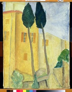 Cyprysy i dom, 1919 autorstwa Amedeo Modigliani