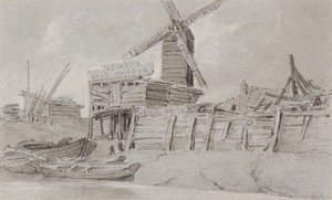 Wiatrak i stocznia łodzi, ok. 1803 (węgiel, ołówek i pranie)