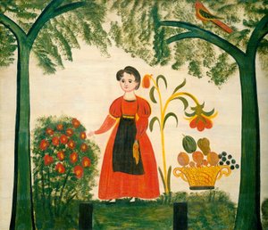 Dziewczyna w czerwieni z kwiatami i distelfinkiem autorstwa American 19th Century