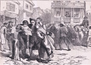 Bostończycy czytający Ustawę o znaczkach, ilustracja z Cassells History of the United States wydana przez Cassell, Petter & Galpin, c.1900 (litografia)