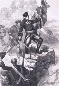 Waszyngton podbija brytyjską flagę w Fort Duquesne, ilustracja z Cassells History of the United States wydanej przez Cassell, Petter & Galpin, c.1900 (litho)