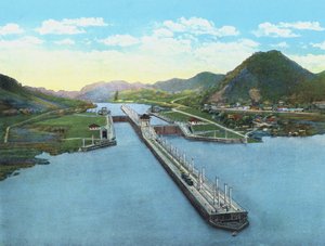 Widok z lotu ptaka na Pedro Miguel Locks, Kanał Panamski (kolorowe zdjęcie)