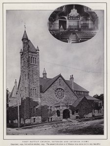 Jamestown, NY: Pierwszy Kościół Baptystów, widok z zewnątrz i wewnątrz (zdjęcie czarno-białe) autorstwa American Photographer (after)