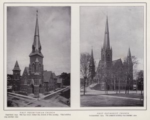 Jamestown, NY: Pierwszy Kościół Prezbiteriański; Pierwszy Kościół Metodystów (zdjęcie czarno-białe) autorstwa American Photographer (after)