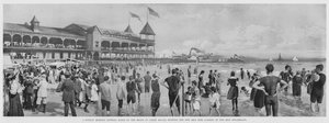 Scena kąpieli w niedzielny poranek na plaży na Coney Island, pokazująca nowe lądowanie żelaznych parowców na molo (zdjęcie czarno-białe) autorstwa American Photographer