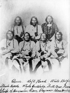 Bose, Lewa Ręka, Biały Wilk, Czarny Czajnik, Biała Antylopa, Byk Niedźwiedź, Neva: wodzowie plemion Arapahoe, Siuksów, Cheyenne i Kiowa, ok. 1860-68 autorstwa American Photographer