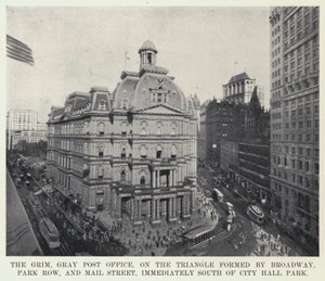The Grim, Gray Post Office, w trójkącie utworzonym przez Broadway, Park Row i Mail Street, bezpośrednio na południe od City Hall Park (zdjęcie czarno-białe) autorstwa American Photographer