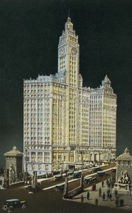 Budynek Wrigley, część południowa i północna, nocą (kolorowe zdjęcie) autorstwa American Photographer