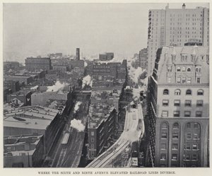 Gdzie rozchodzą się podniesione linie kolejowe Szóstej i Dziewiątej Alei (zdjęcie czarno-białe) autorstwa American Photographer