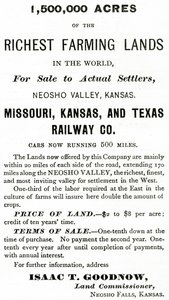 1 500 000 akrów najbogatszych ziem uprawnych na świecie, w dolinie Neosho w stanie Kansas, ogłoszenie z Appletons Journal, 4 maja 1872 r. autorstwa American School