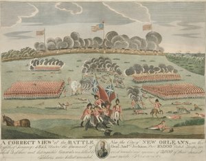 Prawidłowy widok bitwy w pobliżu miasta Nowy Orlean, wyd. c.1815 (Ręczne grawerowanie kolorowe) autorstwa American School