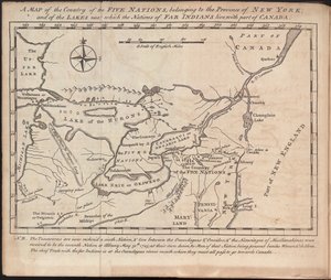 A Map of the country of the Five Nations, belonging to the province of New York; and of the lakes near which the nations of far Indians live, with part of Canada, by Cadwallader Colden autorstwa American School