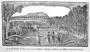 Sachem of the Abenakee Nation ratujący angielskiego oficera, ilustracja z Bickerstaffs Boston Almanack, opublikowana w 1768 r. autorstwa American School