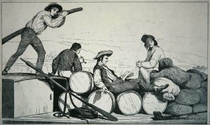 Płaska łódź przewożąca ładunek na rzece Missisipi, ok. 1840 (rycina) autorstwa American School