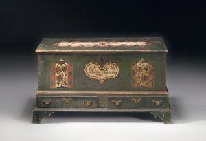 Ozdobiona farbą skrzynia z podniesionym dachem, z inskrypcją Susana Scheblern, prawdopodobnie hrabstwo Lancaster, Pensylwania, 1790 autorstwa American School