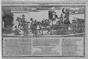 Przedstawienie postaci wystawionych i paradujących ulicami Filadelfii w sobotę 30 września 1780 r autorstwa American School
