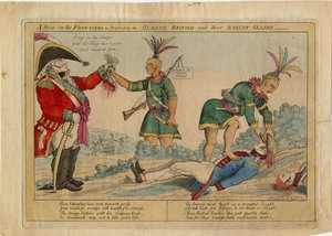 Scena na pograniczach praktykowana przez humanitarnych Brytyjczyków i ich godnych sojuszników, ok. 1813 r. (akwaforta ręcznie kolorowana) autorstwa American School