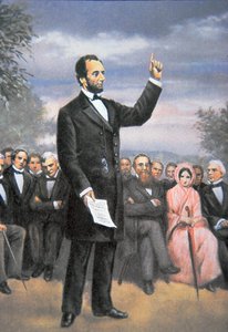 Abraham Lincoln (1809-65) dostarczający adres Gettysburga w Gettysburgu, Pensylwania, listopad 1863 (kolor lito) autorstwa American School