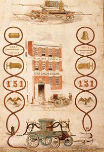 Reklama dla Abrahama Vannessa, konstruktora wozów strażackich i producenta sprzętu przeciwpożarowego, pub. przez Geo. G. Gratacap, Nowy Jork, ok. 1850 (lito) autorstwa American School