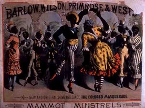 Reklama „Kolorowej maskarady”, Pieśni i tańca mamutów Minstrels, prezentowanych przez Barlowa, Wilsona, Primrose i Westa (kolor lito) autorstwa American School