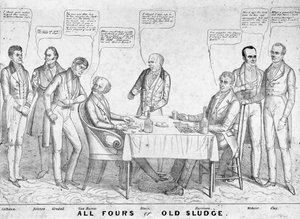 All Fours or Old Sludge, polityczna kreskówka przedstawiająca prezydenta Martina Van Burena (1782-1862) grającego w karty przeciwko Williamowi Henry