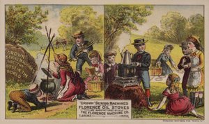 Amerykańska wizytówka reklamująca maszyny do szycia i piece olejowe wyprodukowane przez Florence Machine Company, Massachusetts, ok. 1880 r. autorstwa American School