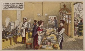 Amerykańska wizytówka reklamująca maszyny do szycia i piece olejowe wyprodukowane przez Florence Machine Company, Massachusetts, ok. 1880 r. autorstwa American School