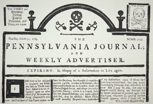 Amerykańska odpowiedź na narzuconą przez Brytyjczyków ustawę stemplową, wyd. w The Pennsylvania Journal and Weekly Advertiser w dniu 31 października 1765 (newsprint) autorstwa American School
