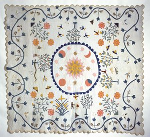 Pikowana aplikacja ze słońcem, księżycem, gwiazdami i ogrodem Eden, z Arkansas, ok. 1850-80 (bawełna) autorstwa American School