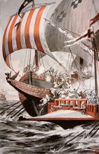 Arouji, brat Barbarossy, atakuje galery skarbów papieża Juliusza II, w 1504 (kolor lito) autorstwa American School