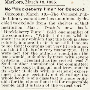 Artykuł w Boston Daily Globe dotyczący delegalizacji Huckleberry Finn w Concord, Massachusetts, z 16 marca 1885 (druk gazetowy) autorstwa American School