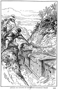 Atak Kubańczyków na ufortyfikowany pociąg kolejowy, ilustracja z Historii Kuby Murata Halsteada, wydanej w 1898 r. autorstwa American School