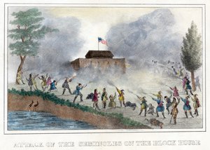 Atak Seminoli na blok, wyd. 1836 (grawerowanie ręcznie kolorowane) autorstwa American School