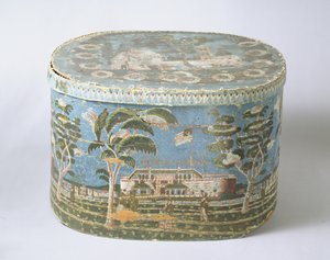 Bandbox oklejony drukowanym papierem przedstawiającym widok zamku, ok. 1835 (karton i papier) autorstwa American School