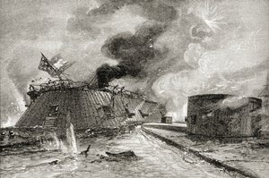Bitwa między Monitorem i Merrimac w 1862 r., z „Krótkiej historii Stanów Zjednoczonych”, opublikowanej przez AS Barnes und Co. w 1885 r. autorstwa American School