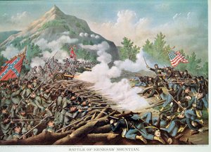Bitwa pod Kenesaw Mountain, Georgia, 27 czerwca 1864, grawerowana przez Kurza i Allison autorstwa American School
