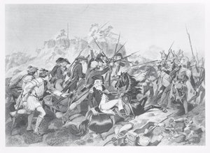 Saratogos mūšis – generolas Arnoldas buvo sužeistas per Heseno reduto puolimą, 1777 m. spalio 17 d. autorstwa American School