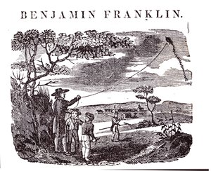 Benjamin Franklin (1706-90) przeprowadza eksperyment z latawcem autorstwa American School