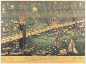 Widok z lotu ptaka na Wielki Most Nowy Jork i Brooklyn oraz wielki pokaz fajerwerków podczas premiery w 1883 r. autorstwa American School