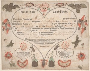 Akt urodzenia i chrztu (Geburts und Taufschein) dla Marii Cathariny Raup c.1806 (pióro i atrament z akwarelą na papierze) autorstwa American School
