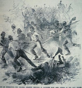 Czarne oddziały Armii Unii przywożą zdobyte działa podczas oblężenia Petersburga (1864-65) (lito) autorstwa American School