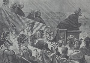 Brigham Young obserwowany przez wiele młodych żon, gdy głosił w Wielkim Przybytku Mormonów w stanie Utah autorstwa American School