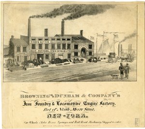 Brownings & Dunham & Companys Iron Foundry & Locomotive Engine Factory, Foot of North Moore Street, New-York autorstwa American School