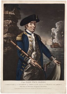Kapitan John Paul Jones, dowódca eskadry okrętów w służbie Francji i Ameryki, 1780 (ręcznie kolorowana mezzotinta) autorstwa American School