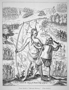 Kapitan John Smith (1580-1631) chwytający wodza Indian w 1608 r., z „Generall Historie of Virginia, New England & the Summer Isles” Smitha autorstwa American School