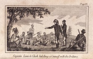Kapitan Lewis i Clarke na naradzie z Indianami, wyd. 1812 (grawerowanie) autorstwa American School