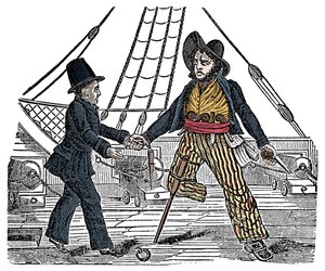 Kapitan Mackra i pirat mają drewnianą nogę Grawer z „Księgi własnej piratów” XIX w. autorstwa American School