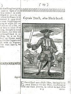 Kapitan Teach, Alias Black Beard, z Historii i życia wszystkich najbardziej znanych piratów i ich załóg, Londyn, 1725 autorstwa American School
