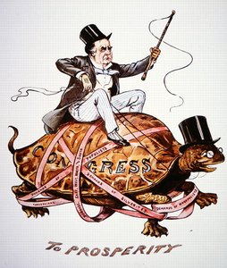 Karykatura przedstawiająca prezydenta Williama Mckinleya (1843-1901) próbującego wprowadzić swoją politykę przez kongres (litografia kolorowa) autorstwa American School