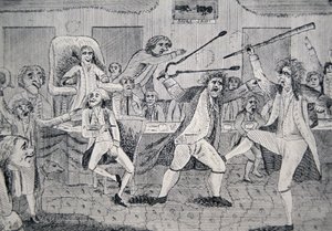 Karykatura przedstawiająca „walkę na podłodze Kongresu między Republikaninem Matthew Lyonem a federalistą Rogerem Griswoldem” autorstwa American School
